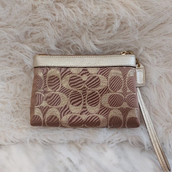 Coach Women's Tan Signature Canvas Metallic Trim Mini Bag/Wristlet - Picture 2 of 8